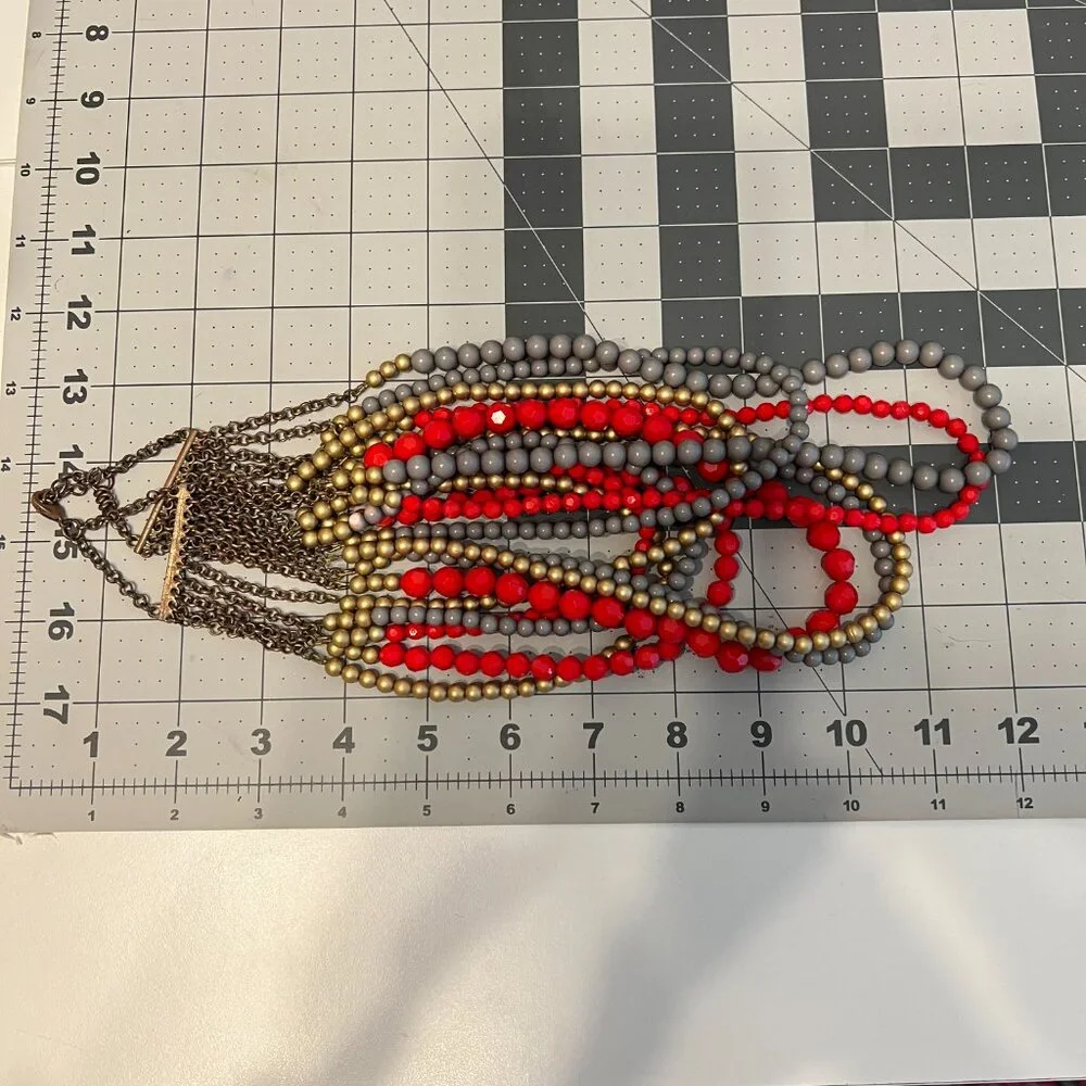 Red,‎ Gray & Gold Bed Multi-Strand Statement Necklace (BEAUTIFUL!)